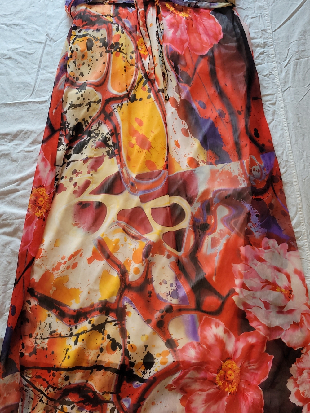 Women’s Floral Abstract Maxi Strapless/Haulyer Dress Red & Yellow Sz XL